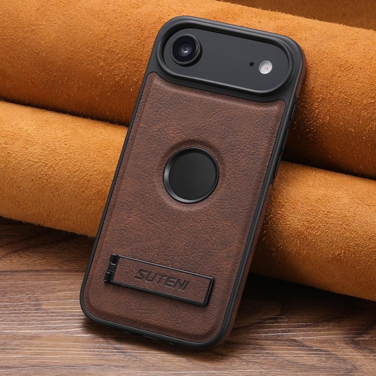 For iPhone Air Suteni G2 Magsafe Litchi Texture Leather Back Phone Case with Holder