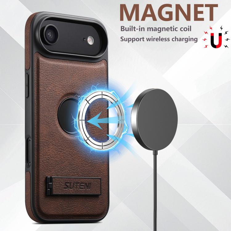 For iPhone Air Suteni G2 Magsafe Litchi Texture Leather Back Phone Case with Holder