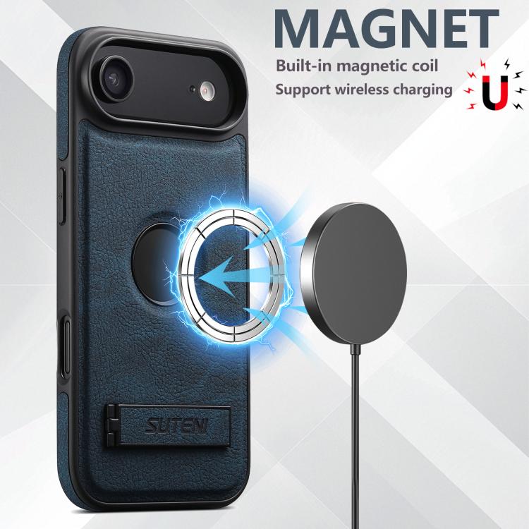 For iPhone Air Suteni G2 Magsafe Litchi Texture Leather Back Phone Case with Holder