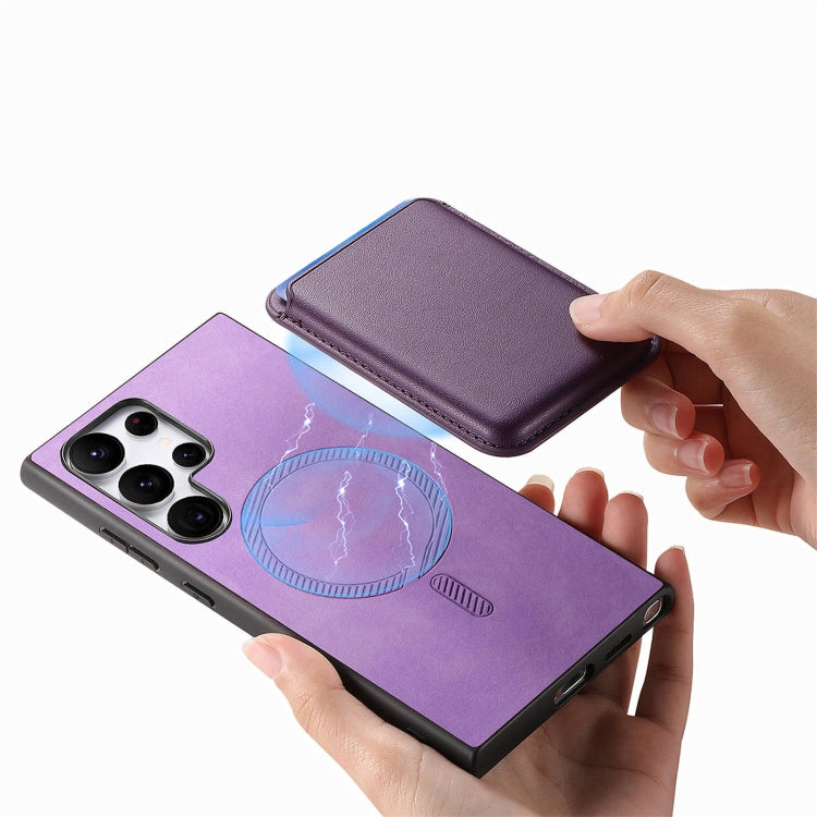 For Samsung Galaxy S25 Ultra 5G Retro Magsafe Card Bag PU Back Cover Phone Case