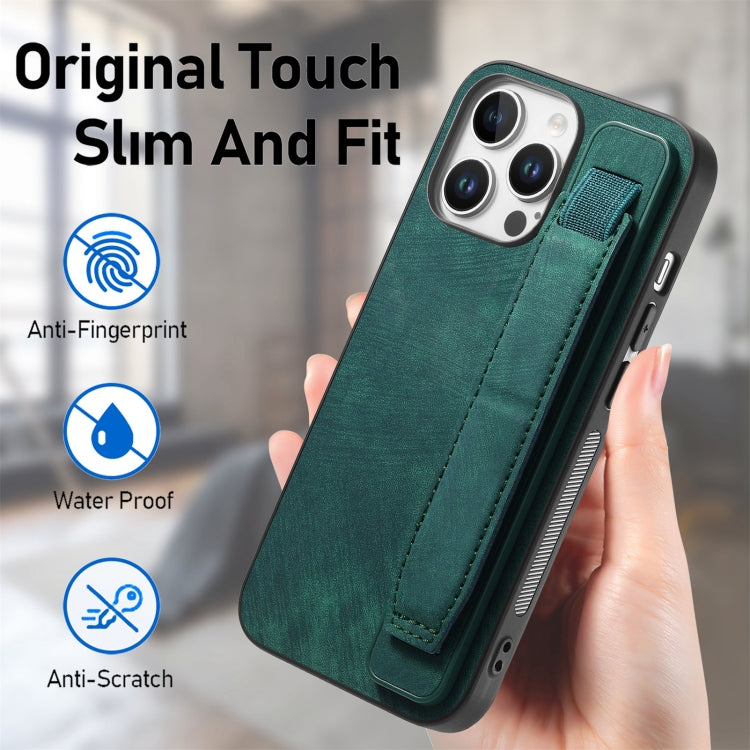For iPhone 16 Pro Max Retro Wristband Holder Leather Back Phone Case