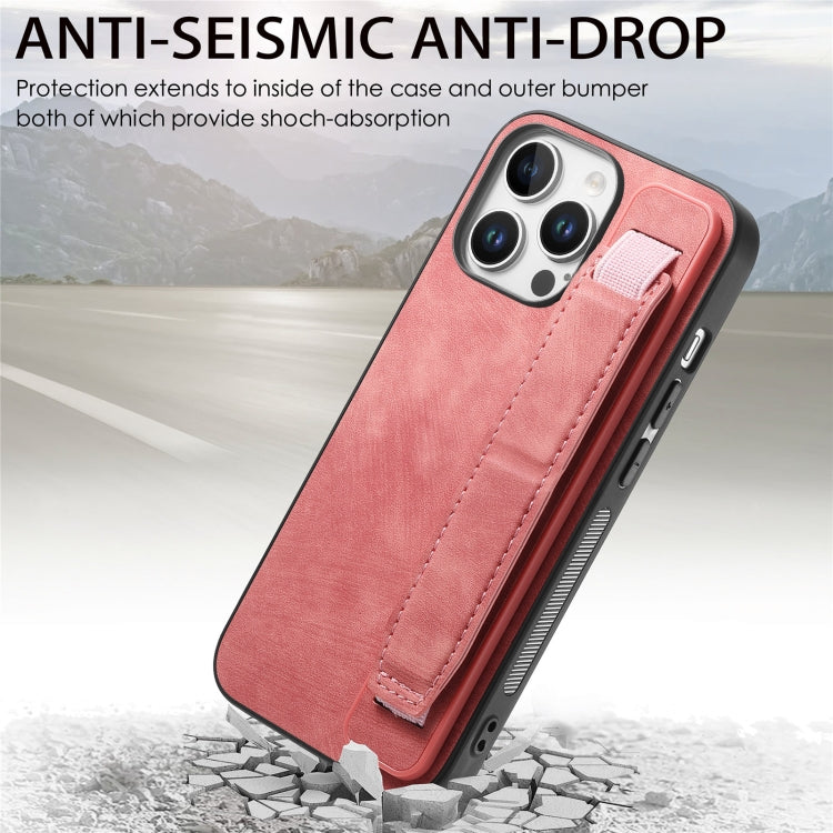 For iPhone 16 Pro Retro Wristband Holder Leather Back Phone Case