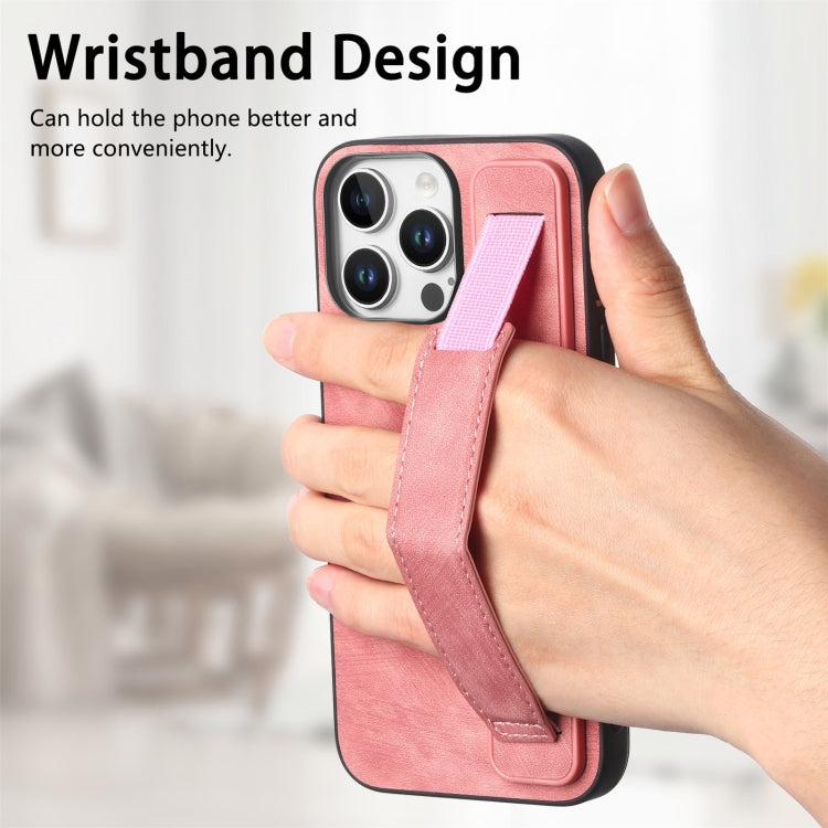 For iPhone 16 Pro Retro Wristband Holder Leather Back Phone Case