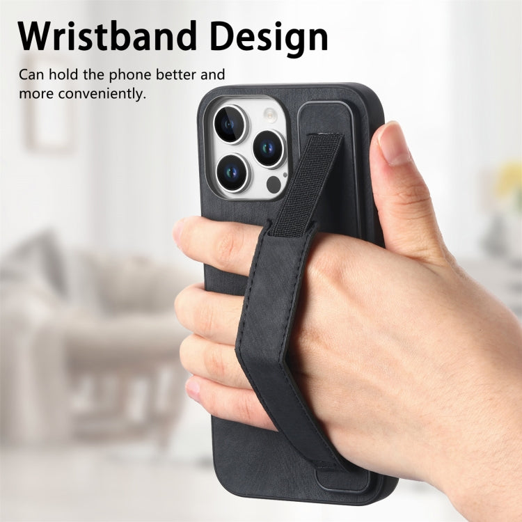 For iPhone 16 Pro Retro Wristband Holder Leather Back Phone Case