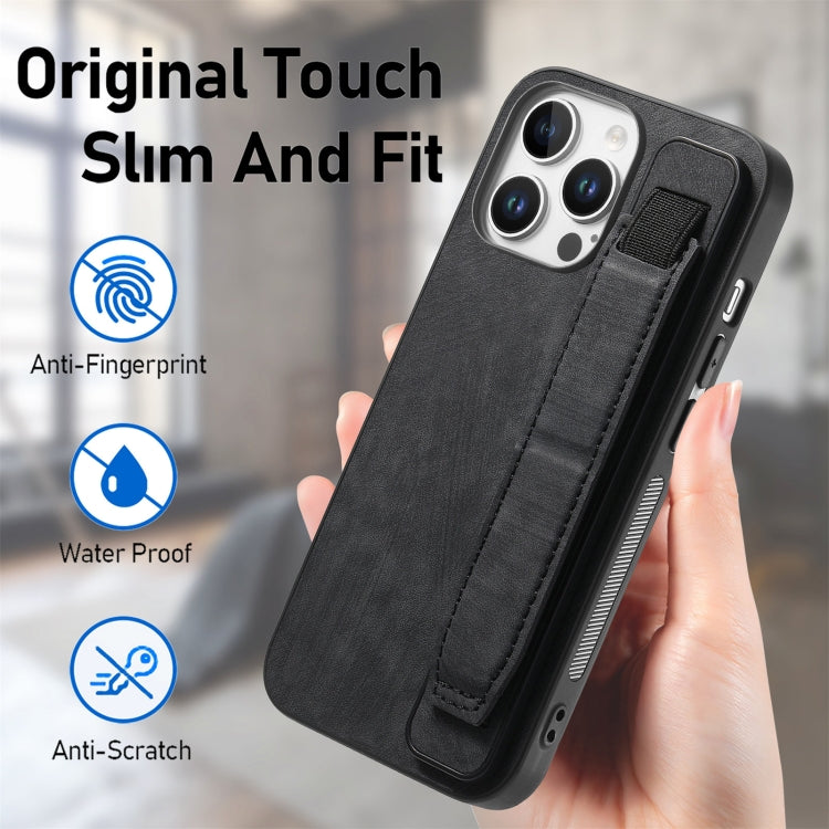 For iPhone 16 Pro Retro Wristband Holder Leather Back Phone Case