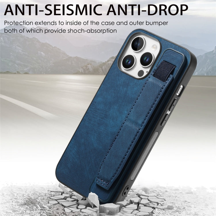 For iPhone 16 Pro Retro Wristband Holder Leather Back Phone Case