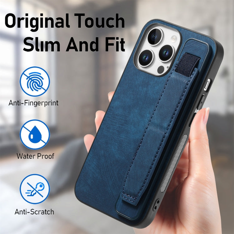 For iPhone 16 Pro Retro Wristband Holder Leather Back Phone Case