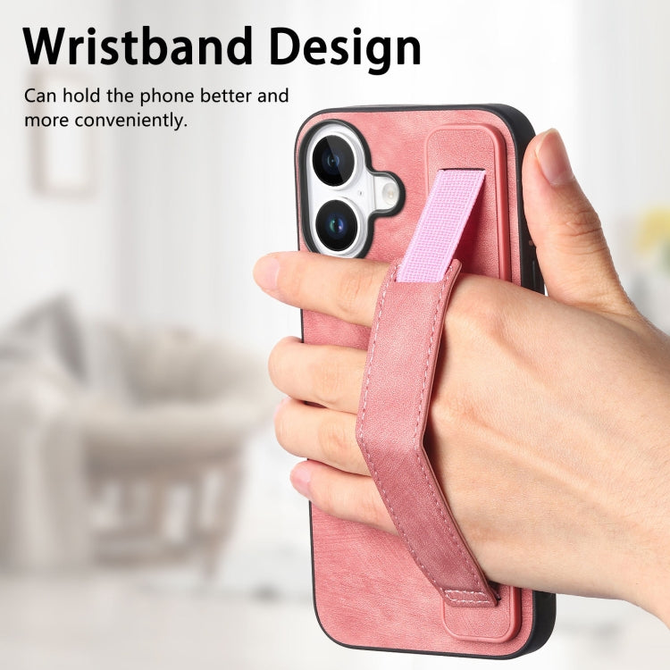 For iPhone 16 Plus Retro Wristband Holder Leather Back Phone Case