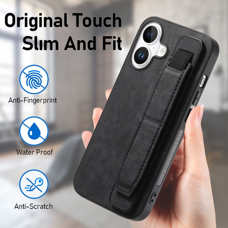 For iPhone 16 Plus Retro Wristband Holder Leather Back Phone Case