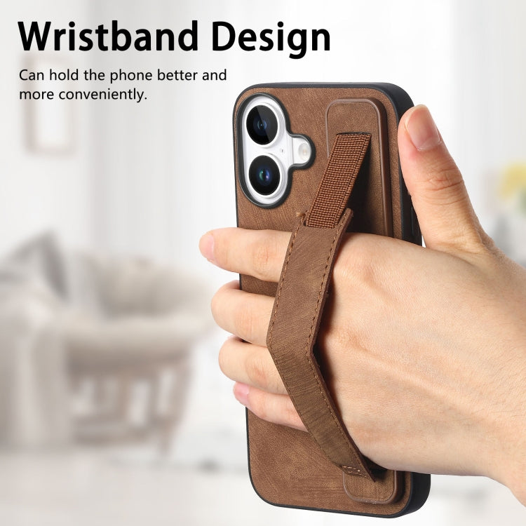 For iPhone 16 Plus Retro Wristband Holder Leather Back Phone Case