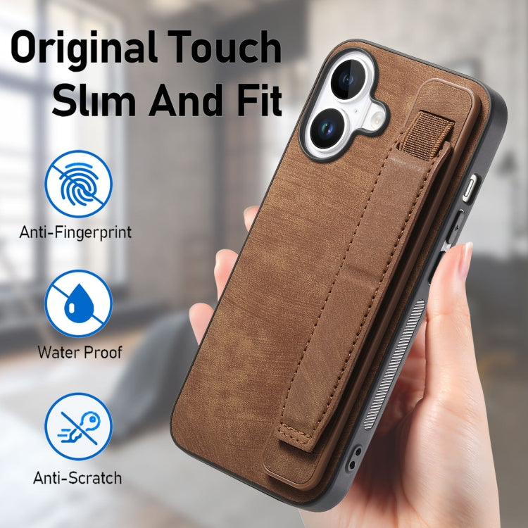 For iPhone 16 Plus Retro Wristband Holder Leather Back Phone Case