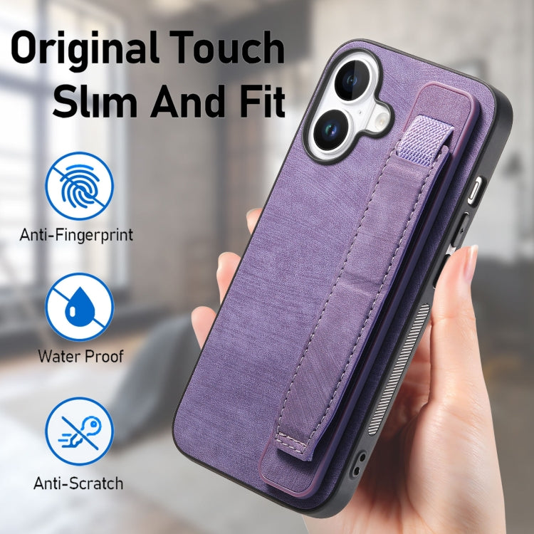 For iPhone 16 Plus Retro Wristband Holder Leather Back Phone Case