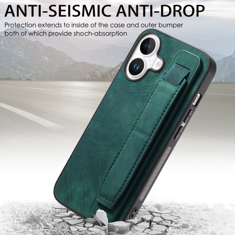 For iPhone 16 Retro Wristband Holder Leather Back Phone Case