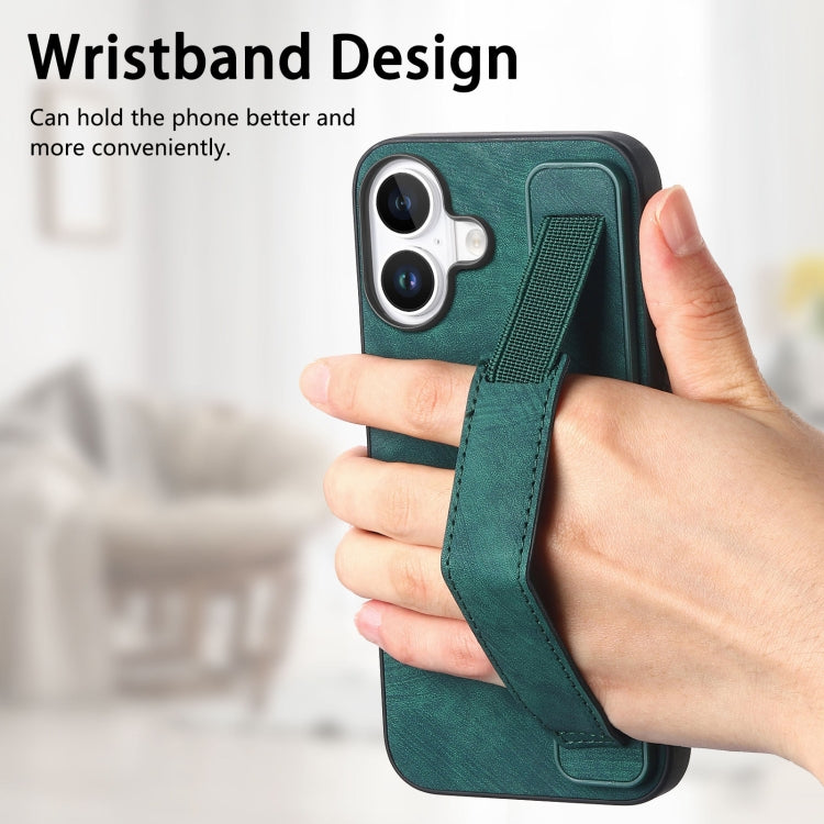 For iPhone 16 Retro Wristband Holder Leather Back Phone Case