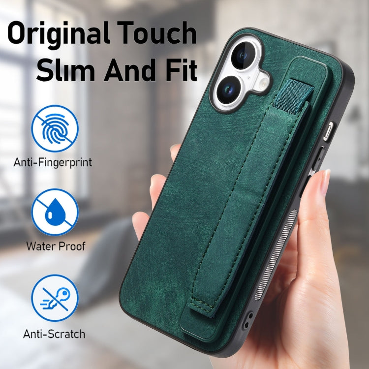 For iPhone 16 Retro Wristband Holder Leather Back Phone Case