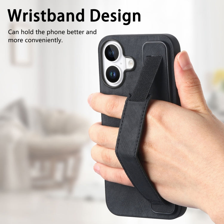 For iPhone 16 Retro Wristband Holder Leather Back Phone Case
