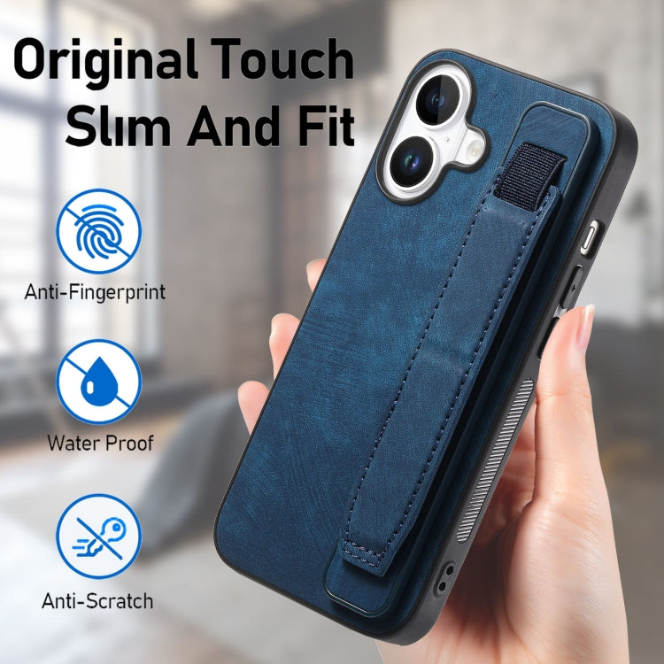 For iPhone 16 Retro Wristband Holder Leather Back Phone Case