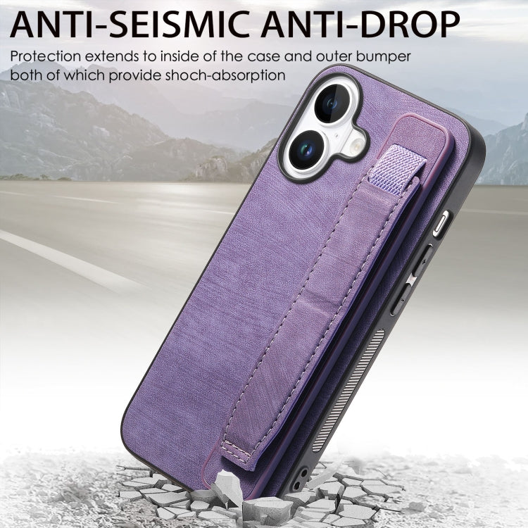 For iPhone 16 Retro Wristband Holder Leather Back Phone Case