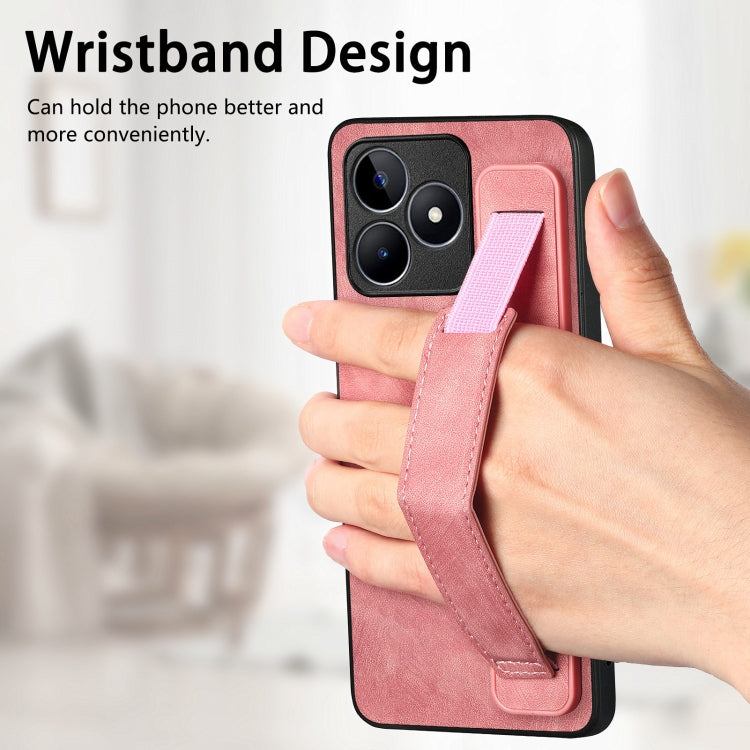 For Realme C15 Retro Wristband Holder Leather Back Phone Case