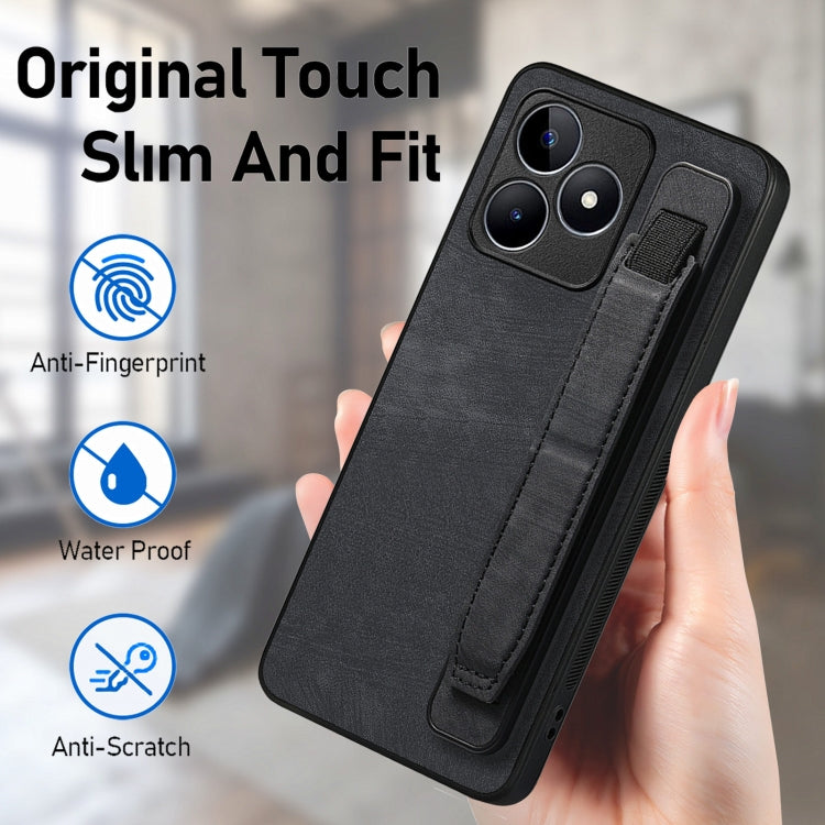 For Realme C15 Retro Wristband Holder Leather Back Phone Case