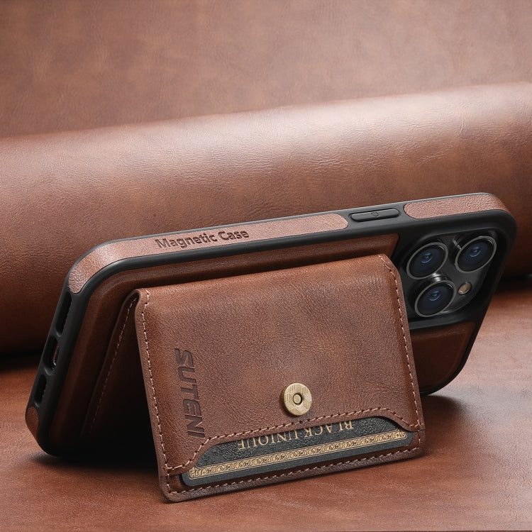 For iPhone 15 Pro Max Suteni M1 Oil Wax MagSafe Detachable Horizontal Card Bag Phone Case