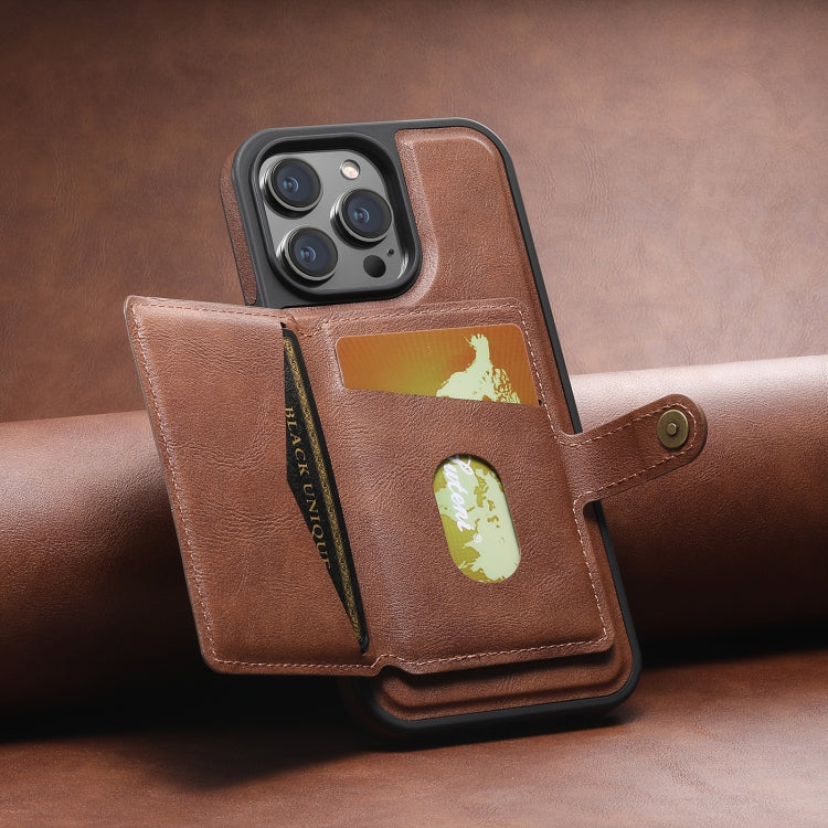 For iPhone 15 Pro Suteni M1 Oil Wax MagSafe Detachable Horizontal Card Bag Phone Case