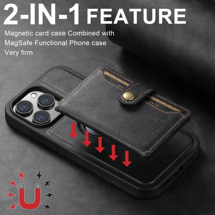 For iPhone 16 Suteni M1 Oil Wax MagSafe Detachable Horizontal Card Bag Phone Case