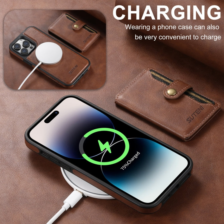 For iPhone 16 Suteni M1 Oil Wax MagSafe Detachable Horizontal Card Bag Phone Case