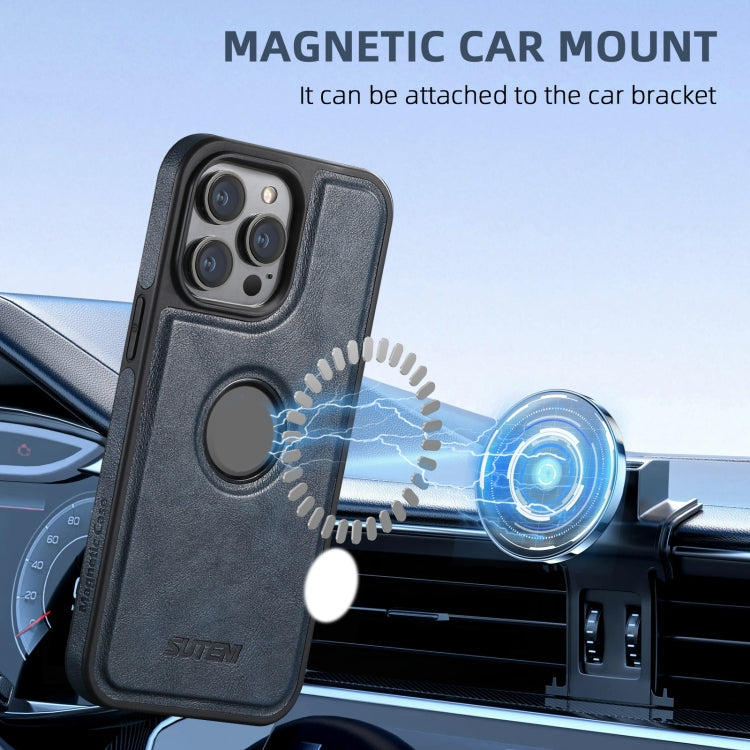 For iPhone 16 Pro Suteni M1 Oil Wax MagSafe Detachable Horizontal Card Bag Phone Case