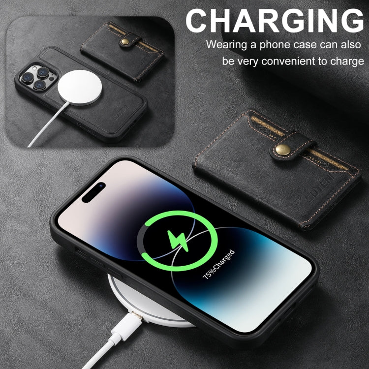For iPhone 16 Plus Suteni M1 Oil Wax MagSafe Detachable Horizontal Card Bag Phone Case