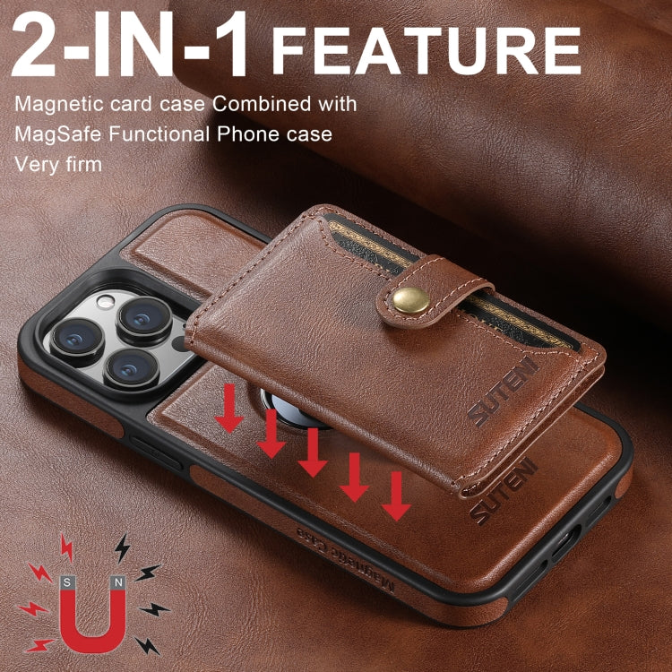 For iPhone 16 Plus Suteni M1 Oil Wax MagSafe Detachable Horizontal Card Bag Phone Case