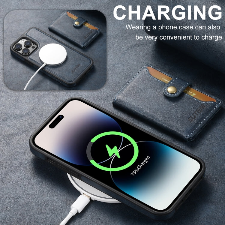 For iPhone 16 Plus Suteni M1 Oil Wax MagSafe Detachable Horizontal Card Bag Phone Case