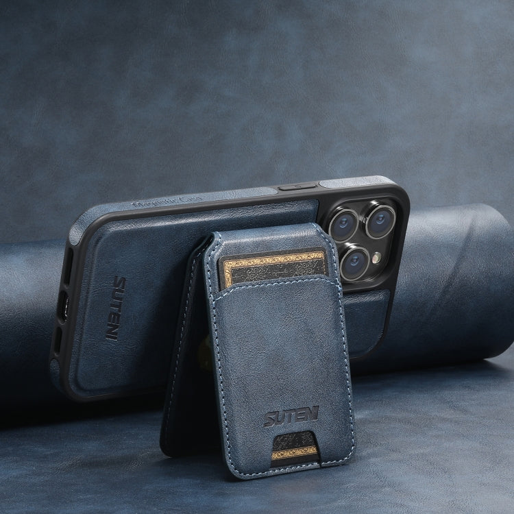 For iPhone 14 Plus Suteni M2 Oil Wax MagSafe Horizontal Card Bag Phone Case