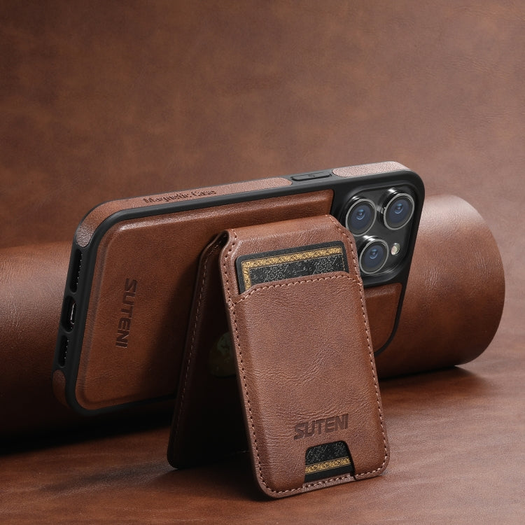 For iPhone 14 Suteni M2 Oil Wax MagSafe Horizontal Card Bag Phone Case