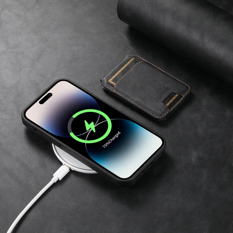 For iPhone 12  Suteni M2 Oil Wax MagSafe Horizontal Card Bag Phone Case