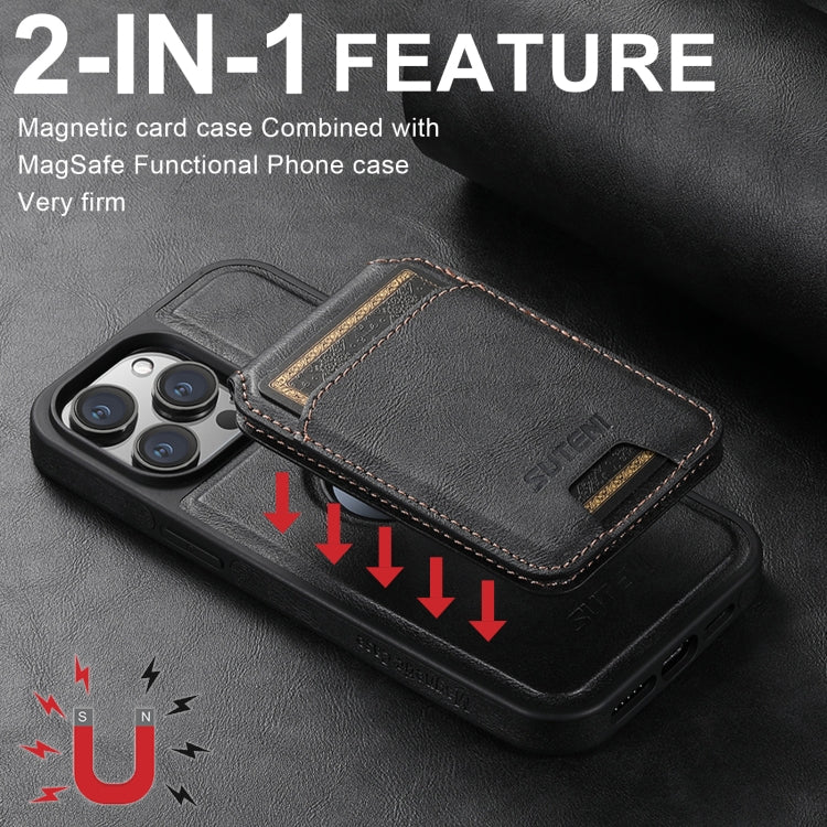 For iPhone 16 Plus Suteni M2 Oil Wax MagSafe Horizontal Card Bag Phone Case