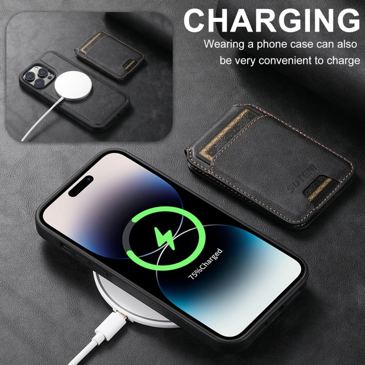 For iPhone 16 Plus Suteni M2 Oil Wax MagSafe Horizontal Card Bag Phone Case