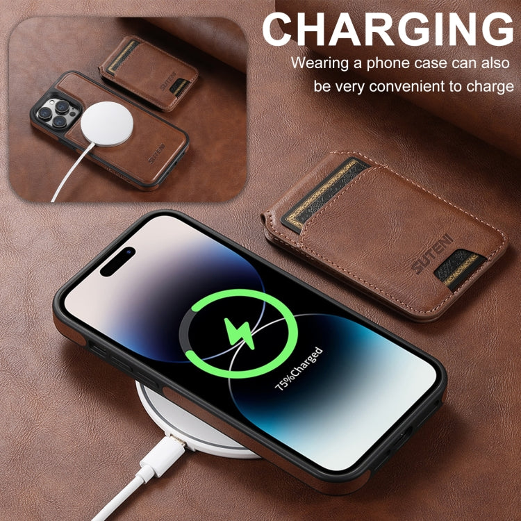 For iPhone 16 Plus Suteni M2 Oil Wax MagSafe Horizontal Card Bag Phone Case