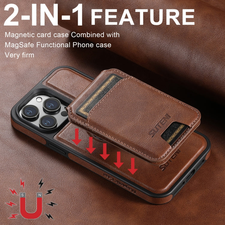 For iPhone 16 Pro Max Suteni M2 Oil Wax MagSafe Horizontal Card Bag Phone Case