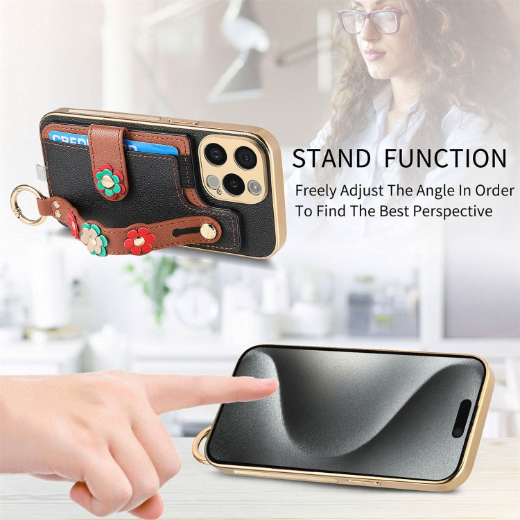 For iPhone 15 Stereoscopic Flowers Wristband Card Bag Phone Case