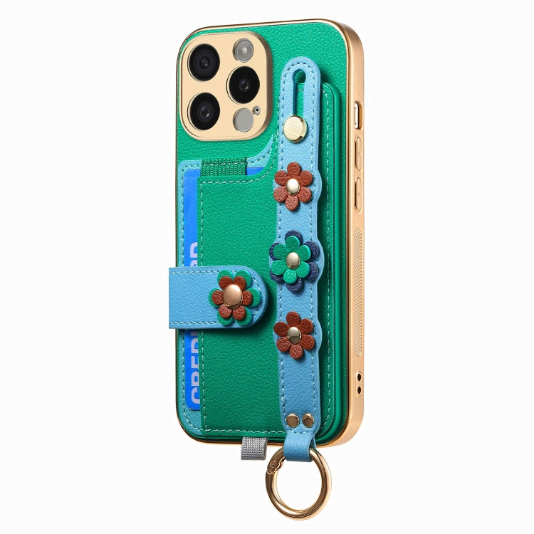 For iPhone 15 Pro Stereoscopic Flowers Wristband Card Bag Phone Case
