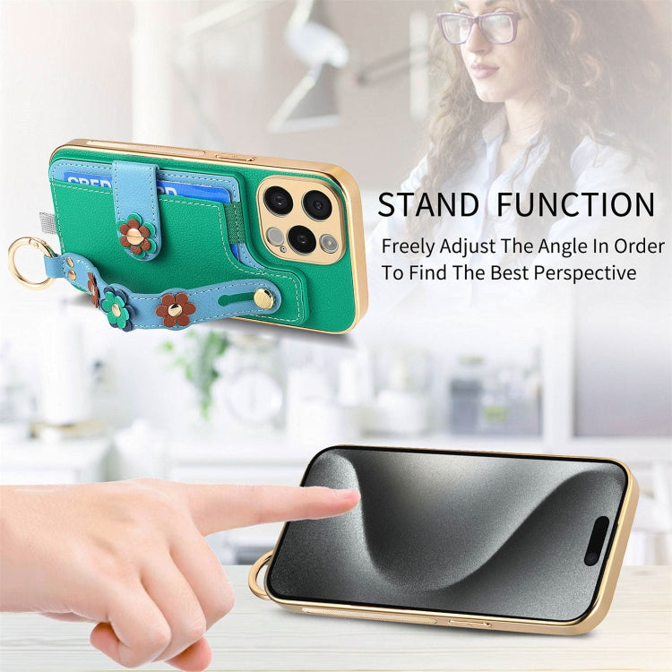 For iPhone 15 Pro Stereoscopic Flowers Wristband Card Bag Phone Case