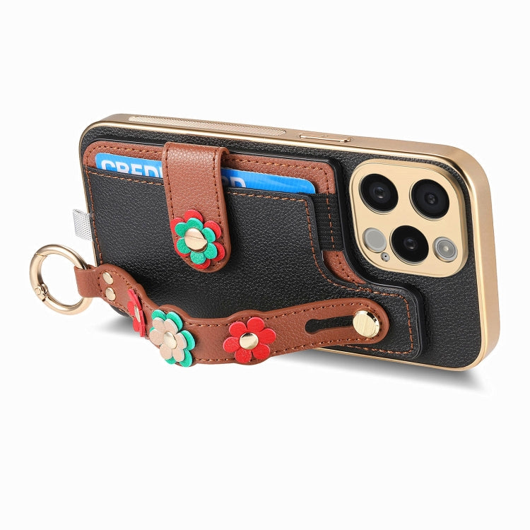 For iPhone 15 Plus Stereoscopic Flowers Wristband Card Bag Phone Case