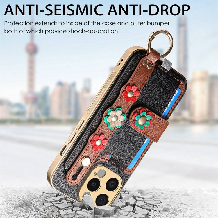 For iPhone 15 Plus Stereoscopic Flowers Wristband Card Bag Phone Case