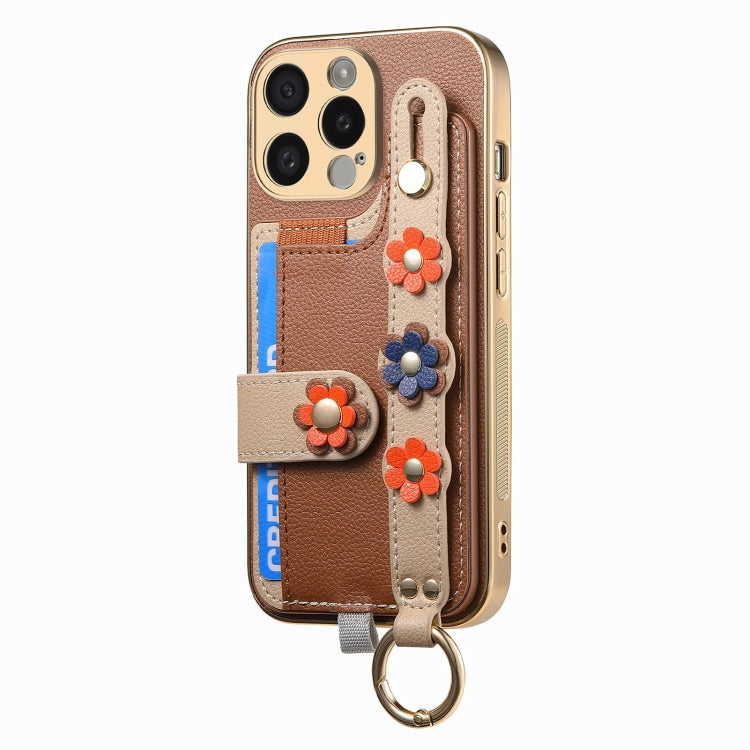 For iPhone 15 Plus Stereoscopic Flowers Wristband Card Bag Phone Case