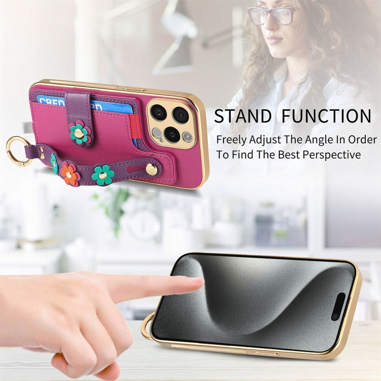 For iPhone 14 Stereoscopic Flowers Wristband Card Bag Phone Case