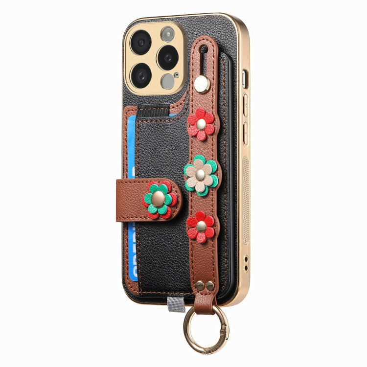 For iPhone 14 Stereoscopic Flowers Wristband Card Bag Phone Case
