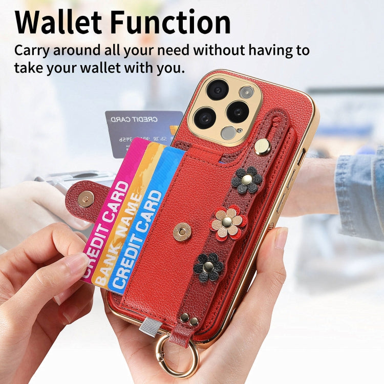 For iPhone 14 Pro Stereoscopic Flowers Wristband Card Bag Phone Case