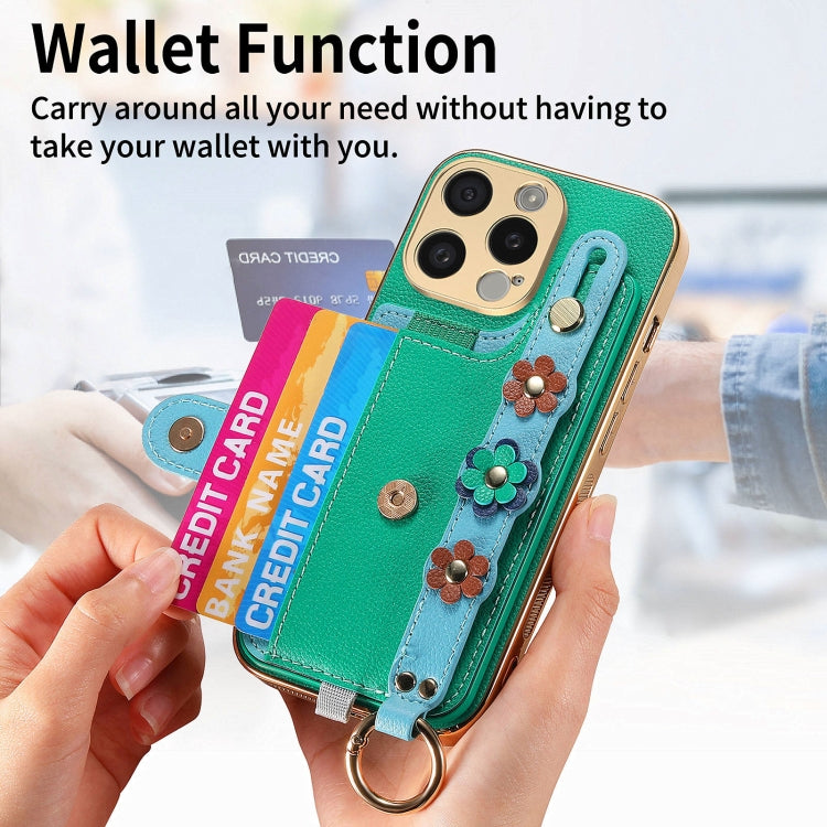 For iPhone 14 Plus Stereoscopic Flowers Wristband Card Bag Phone Case