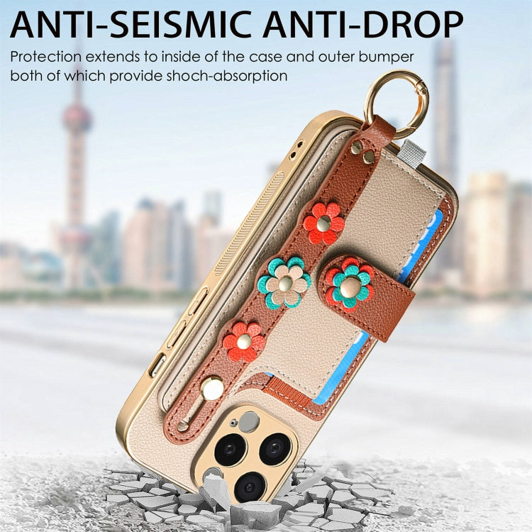 For iPhone 14 Pro Max Stereoscopic Flowers Wristband Card Bag Phone Case